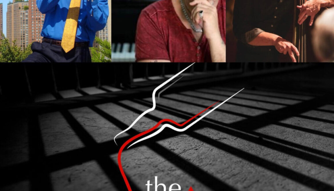 A collage of three different people sitting on top of a bar.